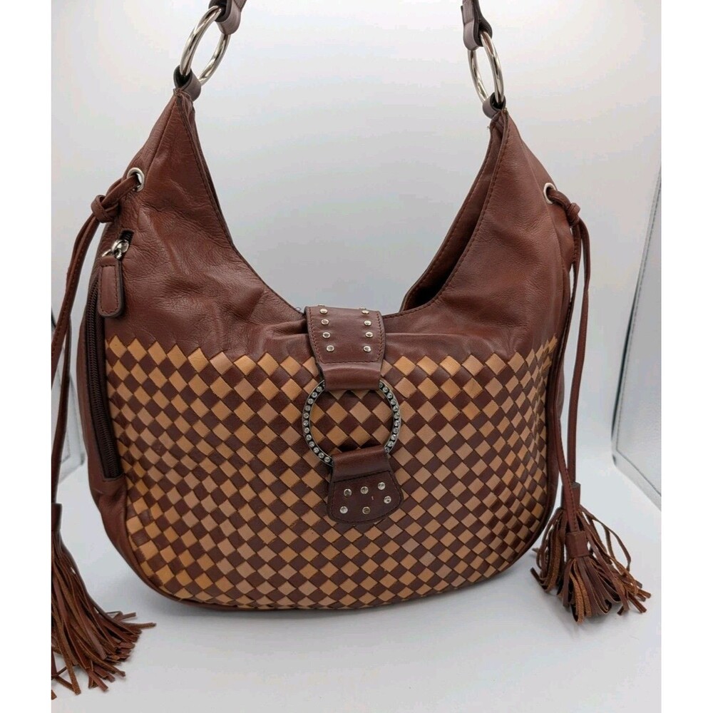 Sharif Studio Woven Leather Hobo Bag Wristlet Set Rhinestone Tassel Fringe